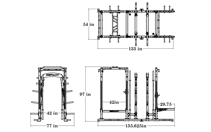 Technical dimension drawing of the Defiant Strength Power Half Rack Combo with Dual Storage.
