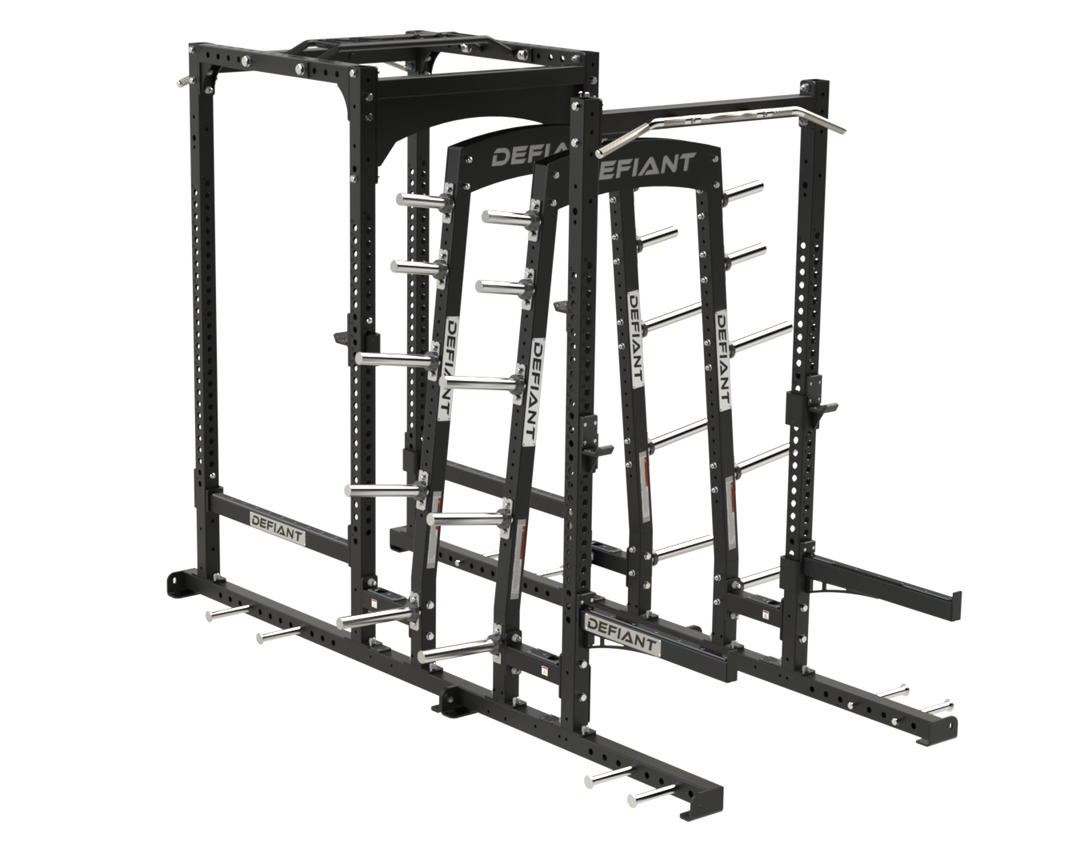 Defiant Strength Power Half Rack Combo with Dual Storage shown in a front three-quarter view.
