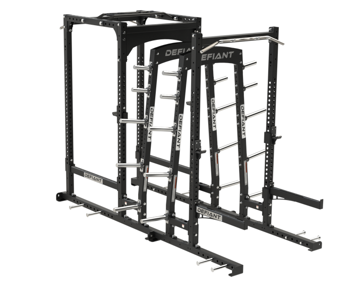 Defiant Strength Power Half Rack Combo with Dual Storage shown in a front three-quarter view.