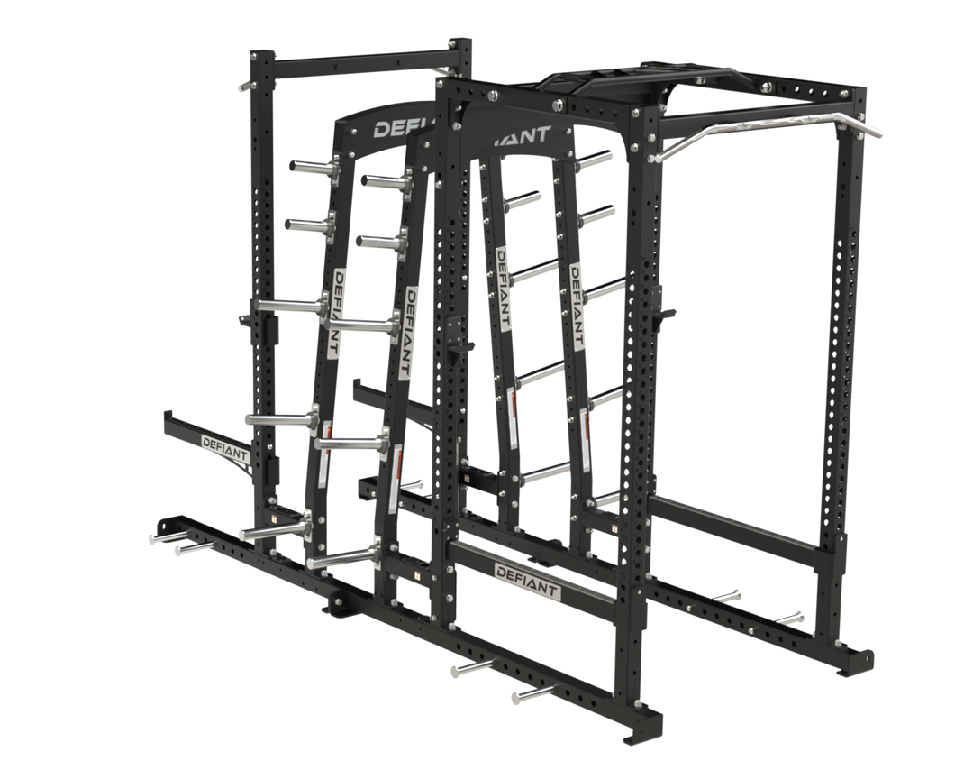 Rear angle view of the Defiant Strength Power Half Rack Combo with Dual Storage.