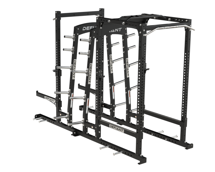 Rear angle view of the Defiant Strength Power Half Rack Combo with Dual Storage.
