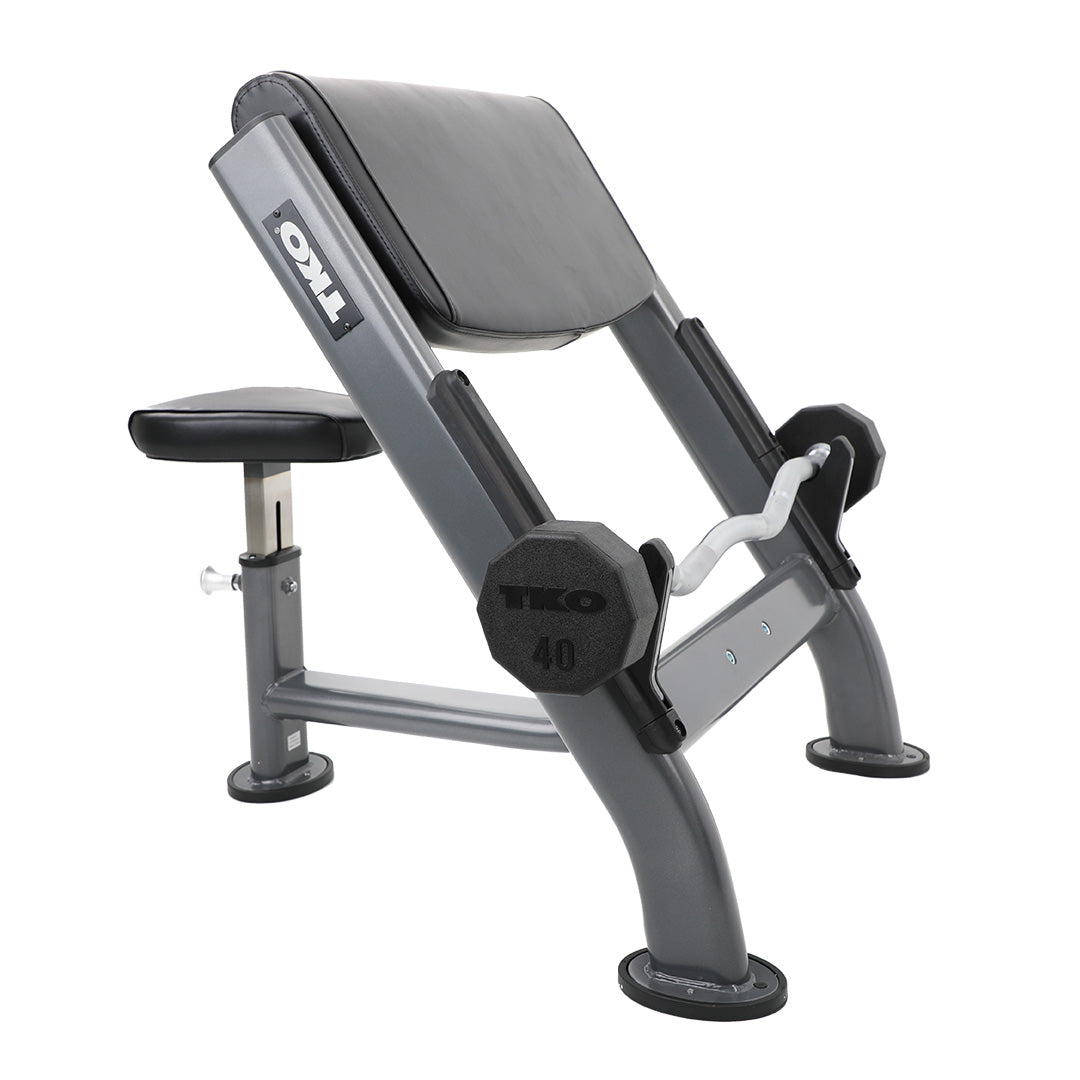 Front angle view of TKO preacher curl bench with adjustable seat