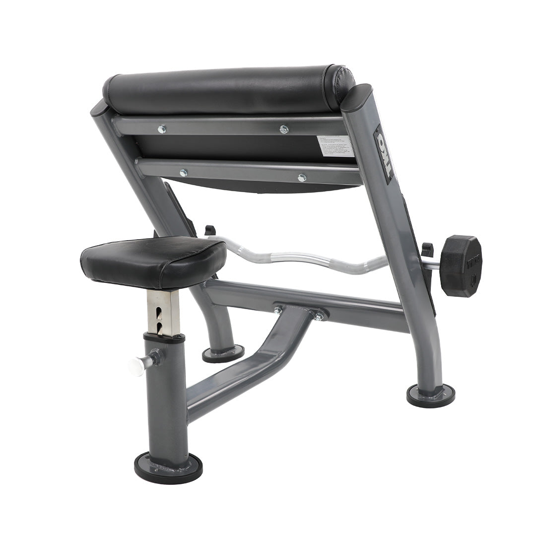 Rear view of preacher curl bench showing seat and arm support pad
