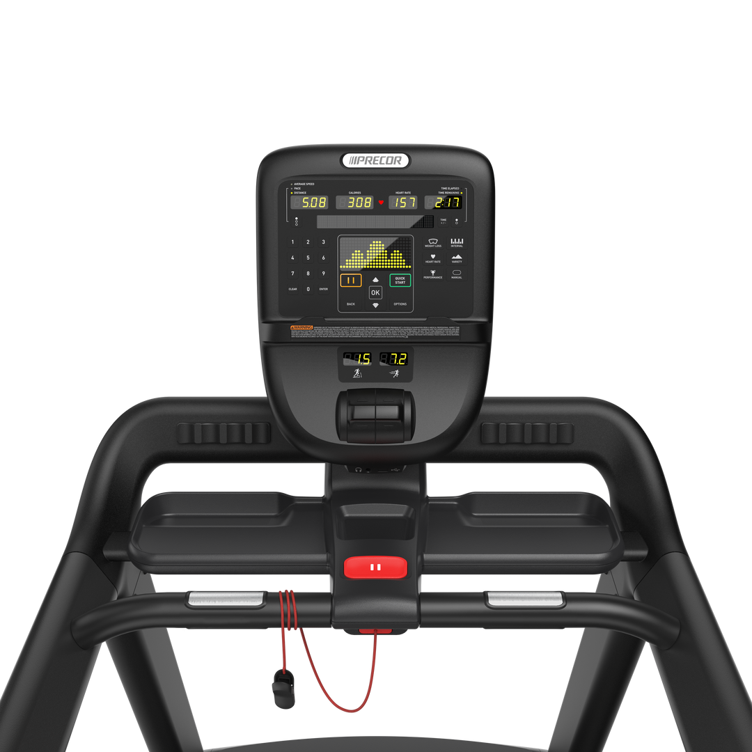Cockpit view of a Precor TRM 500 treadmill with a P31 console