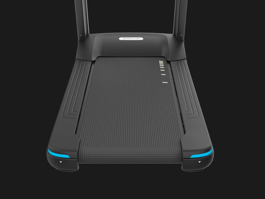 Front view of the running deck on the Precor TRM 800 commercial treadmill.