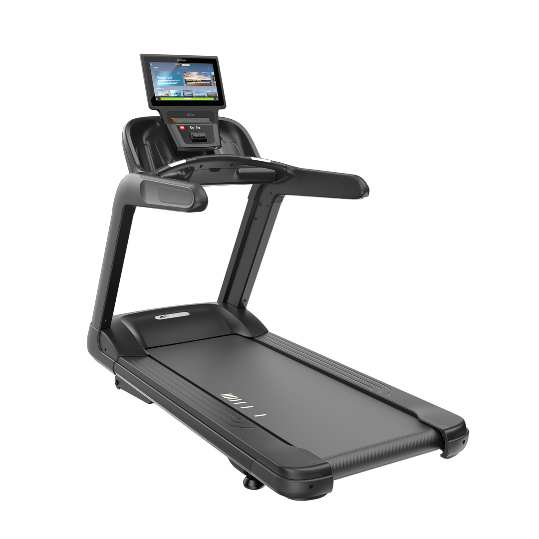 Side angle of the Precor TRM 800 commercial treadmill with touchscreen console.