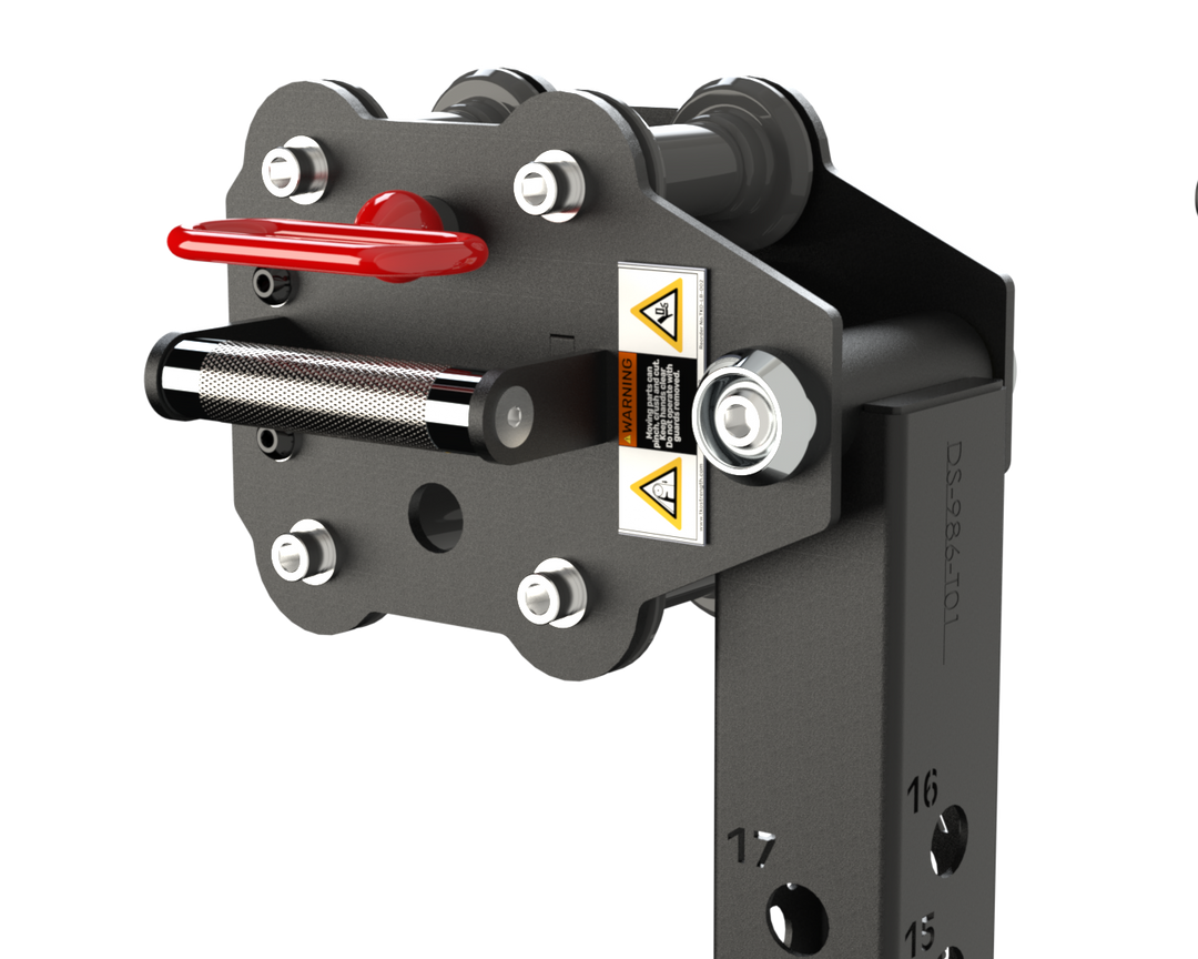 Close-up of jammer arm locking mechanism for rack attachment.