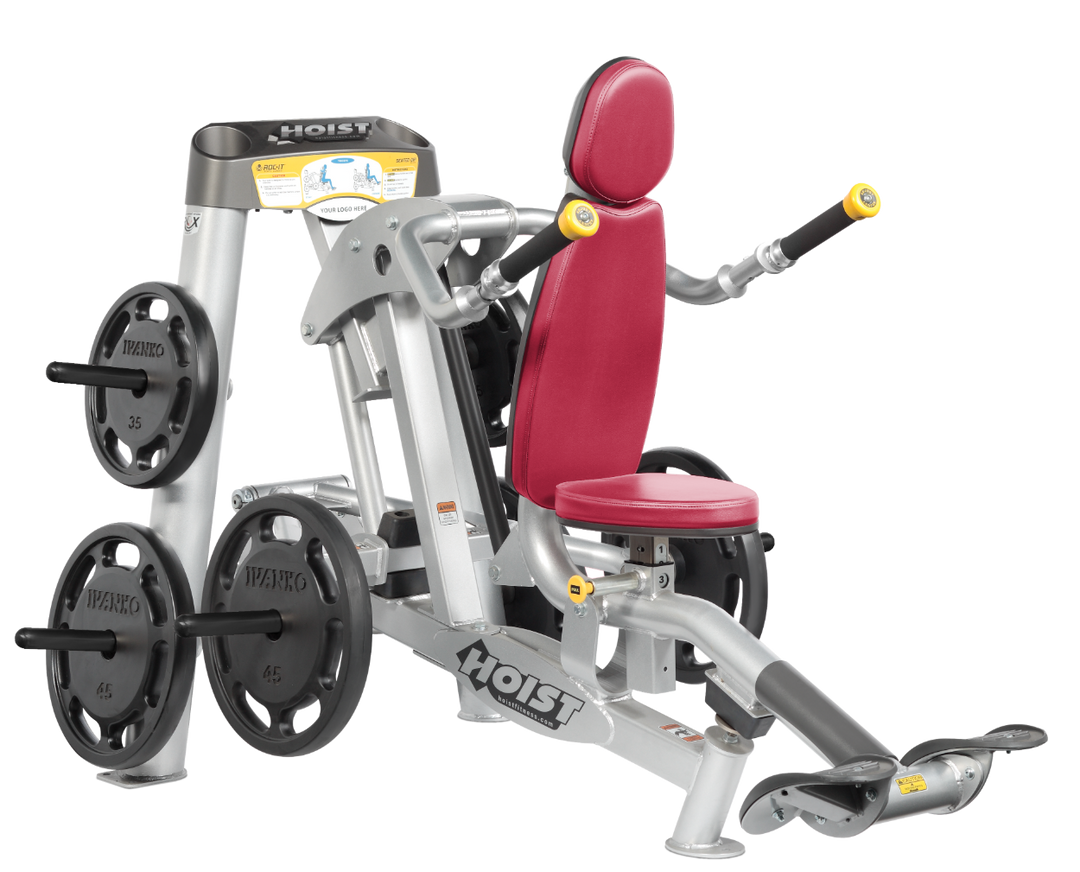 Hoist commercial seated dip machine with plate-loaded resistance, ergonomic seat, and angled handles for triceps training