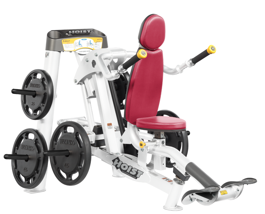 Hoist commercial seated dip machine with plate-loaded resistance, ergonomic seat, and angled handles for triceps training