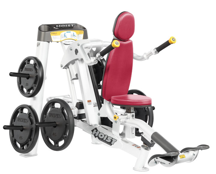 Hoist commercial seated dip machine with plate-loaded resistance, ergonomic seat, and angled handles for triceps training