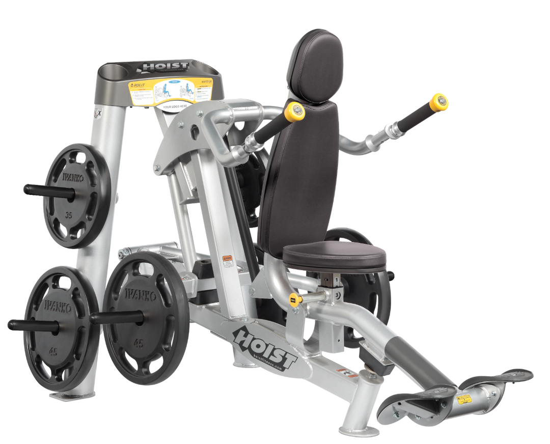 Hoist commercial seated dip machine with plate-loaded resistance, ergonomic seat, and angled handles for triceps training