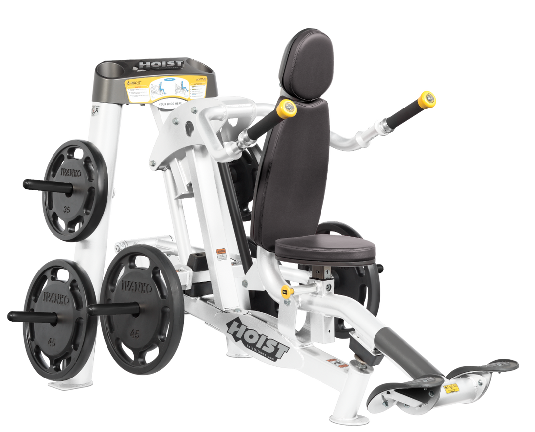 Hoist commercial seated dip machine with plate-loaded resistance, ergonomic seat, and angled handles for triceps training