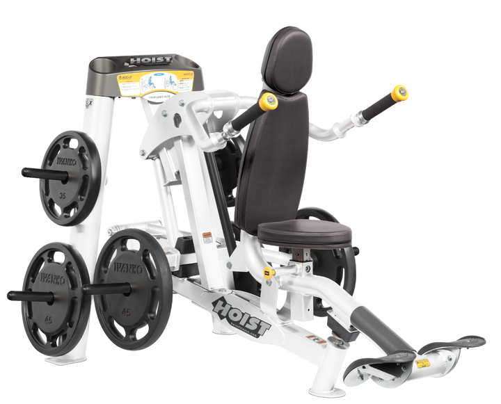 Hoist commercial seated dip machine with plate-loaded resistance, ergonomic seat, and angled handles for triceps training
