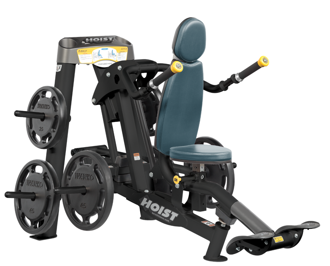 Hoist commercial seated dip machine with plate-loaded resistance, ergonomic seat, and angled handles for triceps training