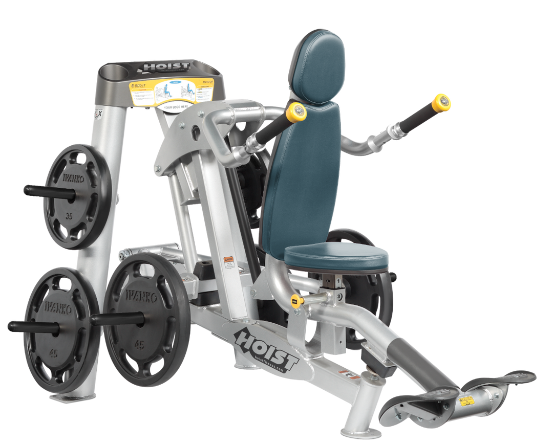 Hoist commercial seated dip machine with plate-loaded resistance, ergonomic seat, and angled handles for triceps training