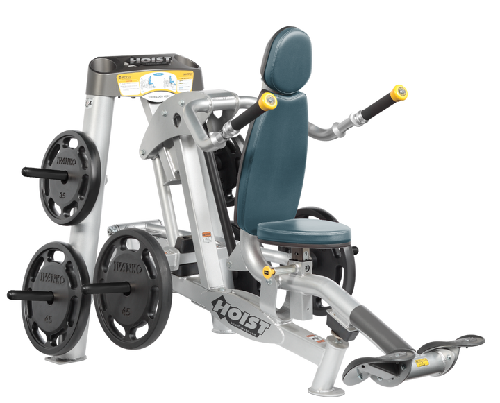 Hoist commercial seated dip machine with plate-loaded resistance, ergonomic seat, and angled handles for triceps training