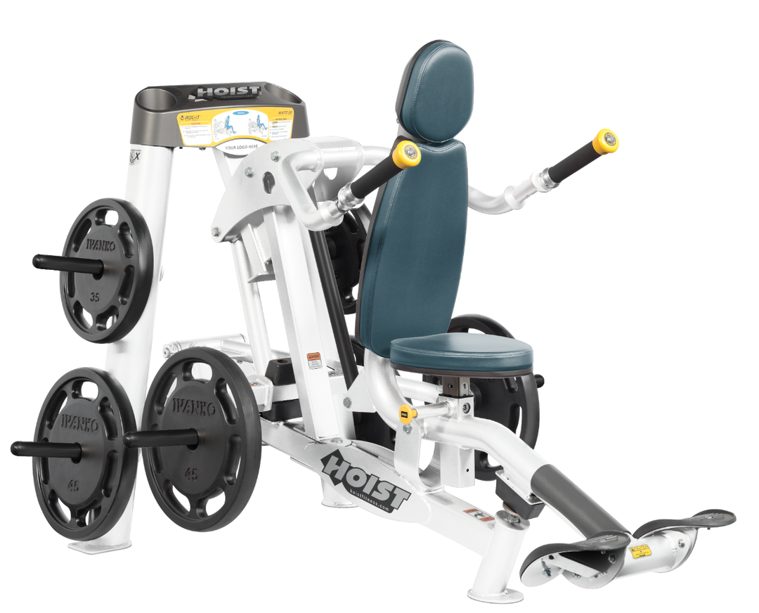 Hoist commercial seated dip machine with plate-loaded resistance, ergonomic seat, and angled handles for triceps training
