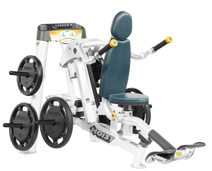 Hoist commercial seated dip machine with plate-loaded resistance, ergonomic seat, and angled handles for triceps training