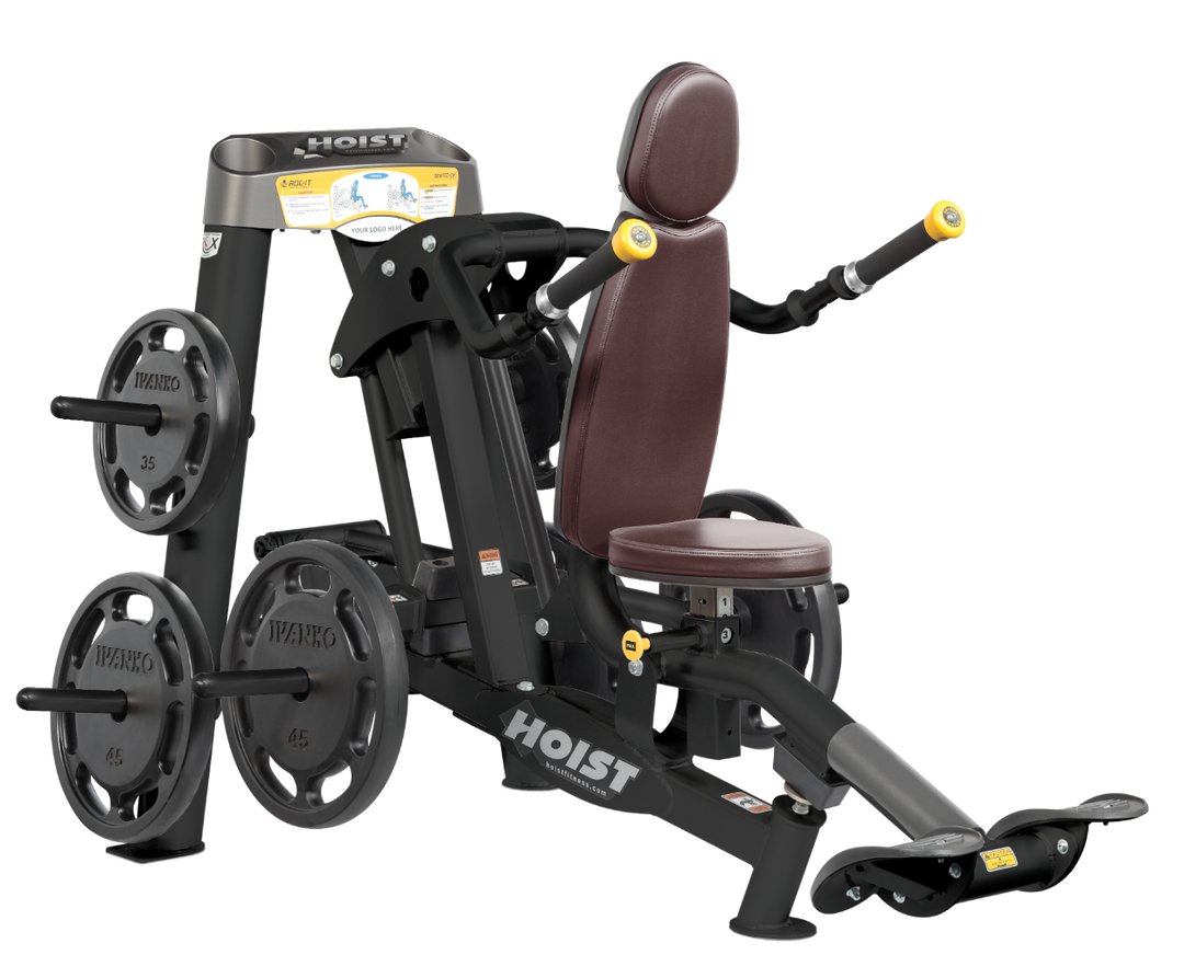 Hoist commercial seated dip machine with plate-loaded resistance, ergonomic seat, and angled handles for triceps training