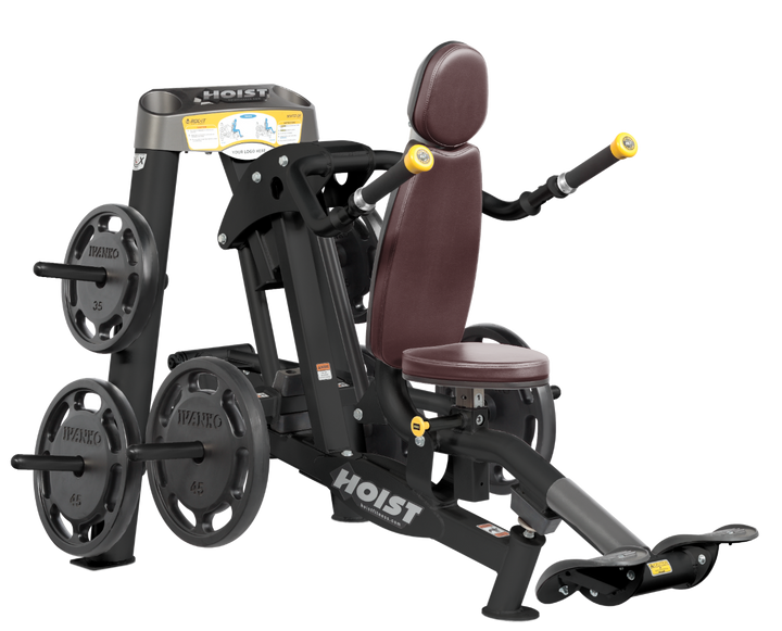 Hoist commercial seated dip machine with plate-loaded resistance, ergonomic seat, and angled handles for triceps training
