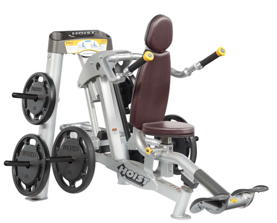 Hoist commercial seated dip machine with plate-loaded resistance, ergonomic seat, and angled handles for triceps training