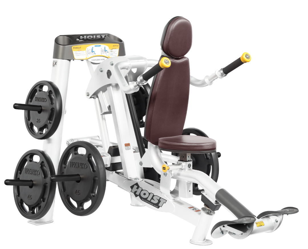 Hoist commercial seated dip machine with plate-loaded resistance, ergonomic seat, and angled handles for triceps training