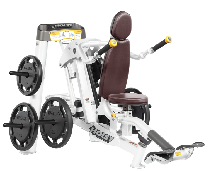 Hoist commercial seated dip machine with plate-loaded resistance, ergonomic seat, and angled handles for triceps training