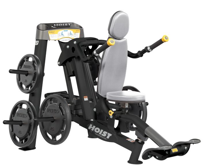 Hoist commercial seated dip machine with plate-loaded resistance, ergonomic seat, and angled handles for triceps training
