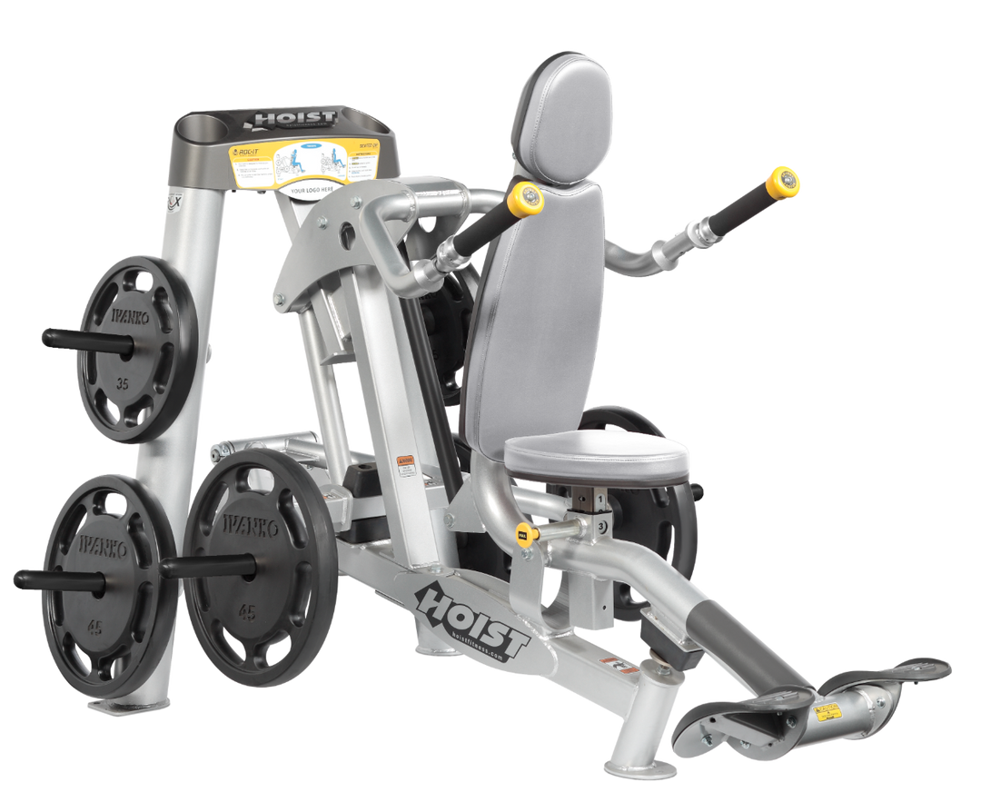 Hoist commercial seated dip machine with plate-loaded resistance, ergonomic seat, and angled handles for triceps training