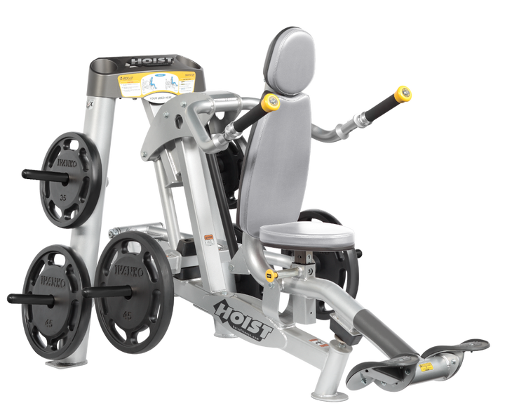 Hoist commercial seated dip machine with plate-loaded resistance, ergonomic seat, and angled handles for triceps training