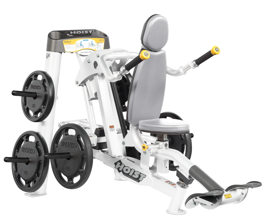 Hoist commercial seated dip machine with plate-loaded resistance, ergonomic seat, and angled handles for triceps training