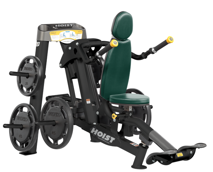 Hoist commercial seated dip machine with plate-loaded resistance, ergonomic seat, and angled handles for triceps training