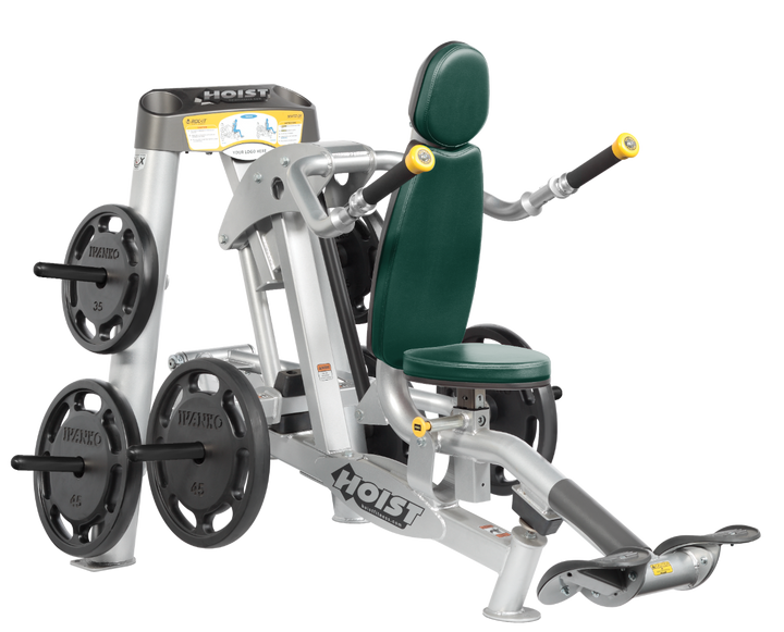 Hoist commercial seated dip machine with plate-loaded resistance, ergonomic seat, and angled handles for triceps training