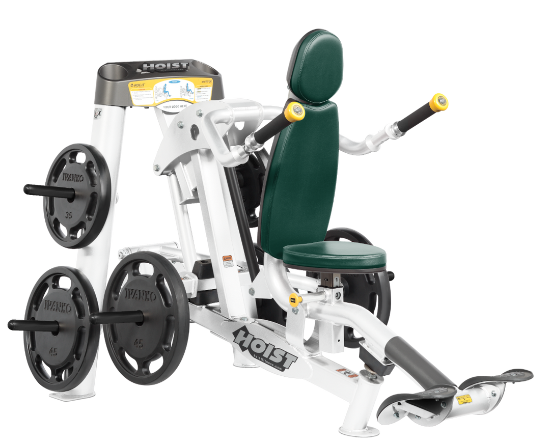 Hoist commercial seated dip machine with plate-loaded resistance, ergonomic seat, and angled handles for triceps training