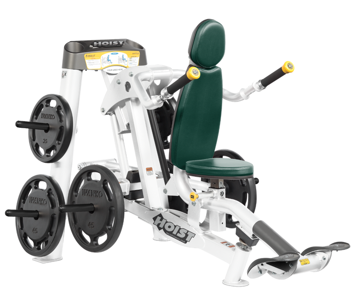 Hoist commercial seated dip machine with plate-loaded resistance, ergonomic seat, and angled handles for triceps training