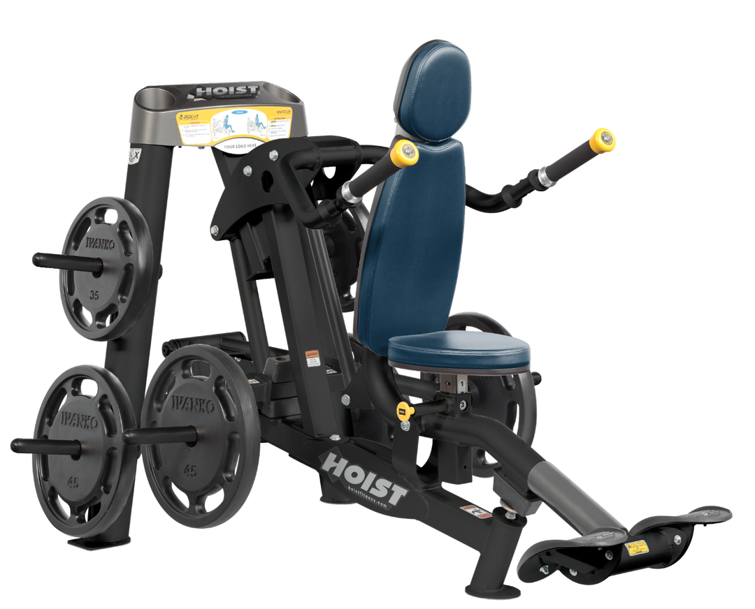 Hoist commercial seated dip machine with plate-loaded resistance, ergonomic seat, and angled handles for triceps training