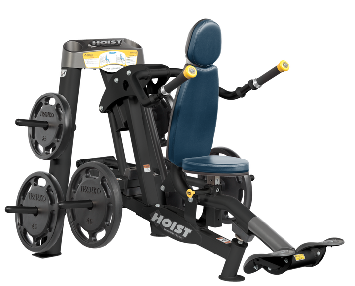 Hoist commercial seated dip machine with plate-loaded resistance, ergonomic seat, and angled handles for triceps training