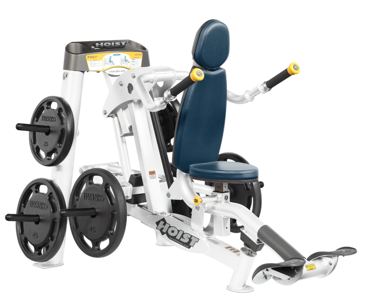 Hoist commercial seated dip machine with plate-loaded resistance, ergonomic seat, and angled handles for triceps training