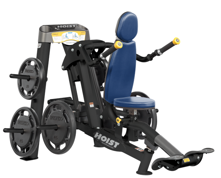 Hoist commercial seated dip machine with plate-loaded resistance, ergonomic seat, and angled handles for triceps training