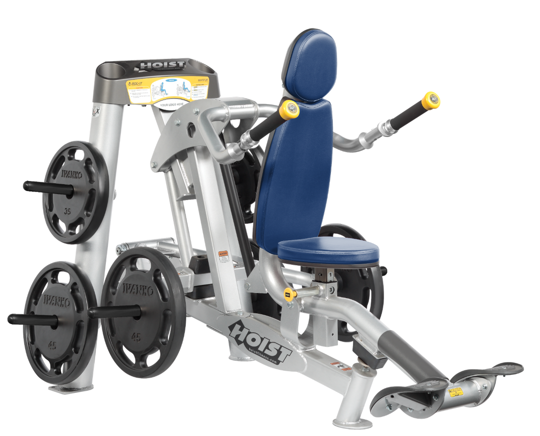 Hoist commercial seated dip machine with plate-loaded resistance, ergonomic seat, and angled handles for triceps training