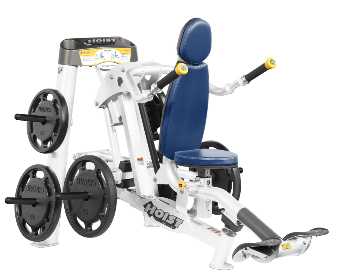 Hoist commercial seated dip machine with plate-loaded resistance, ergonomic seat, and angled handles for triceps training