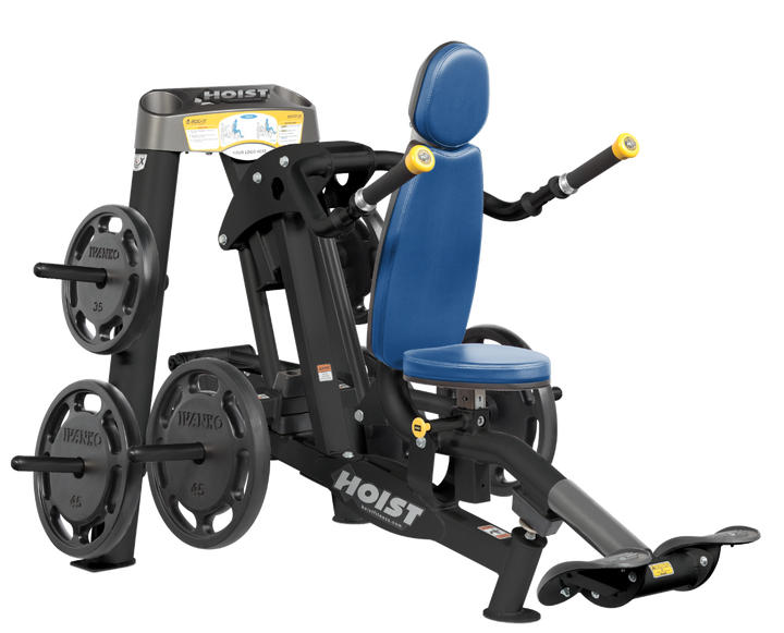Hoist commercial seated dip machine with plate-loaded resistance, ergonomic seat, and angled handles for triceps training