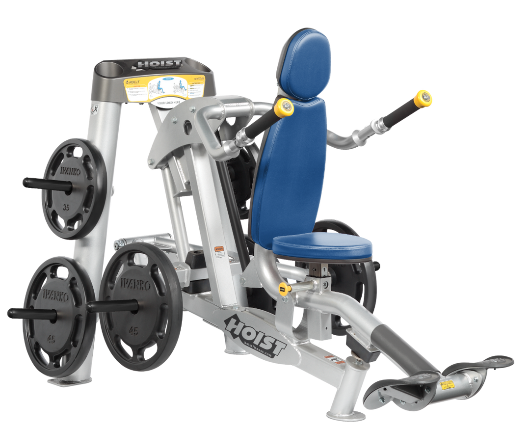 Hoist commercial seated dip machine with plate-loaded resistance, ergonomic seat, and angled handles for triceps training