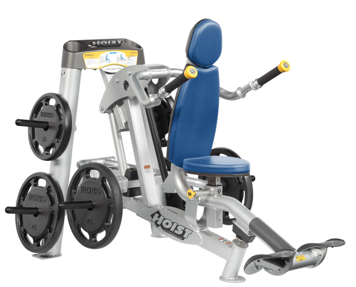 Hoist commercial seated dip machine with plate-loaded resistance, ergonomic seat, and angled handles for triceps training