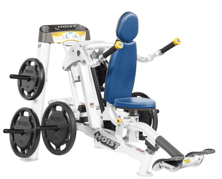 Hoist commercial seated dip machine with plate-loaded resistance, ergonomic seat, and angled handles for triceps training