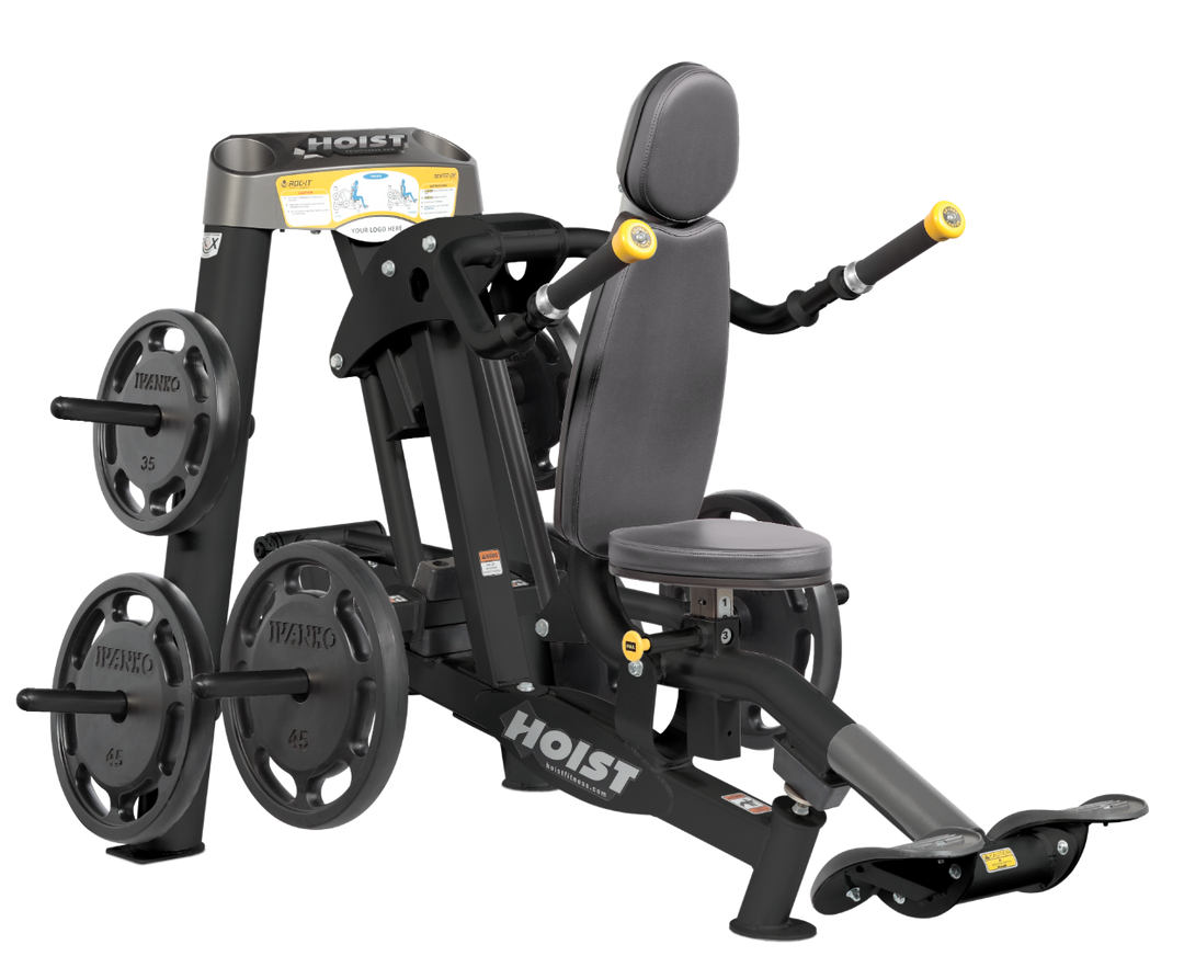 Hoist commercial seated dip machine with plate-loaded resistance, ergonomic seat, and angled handles for triceps training