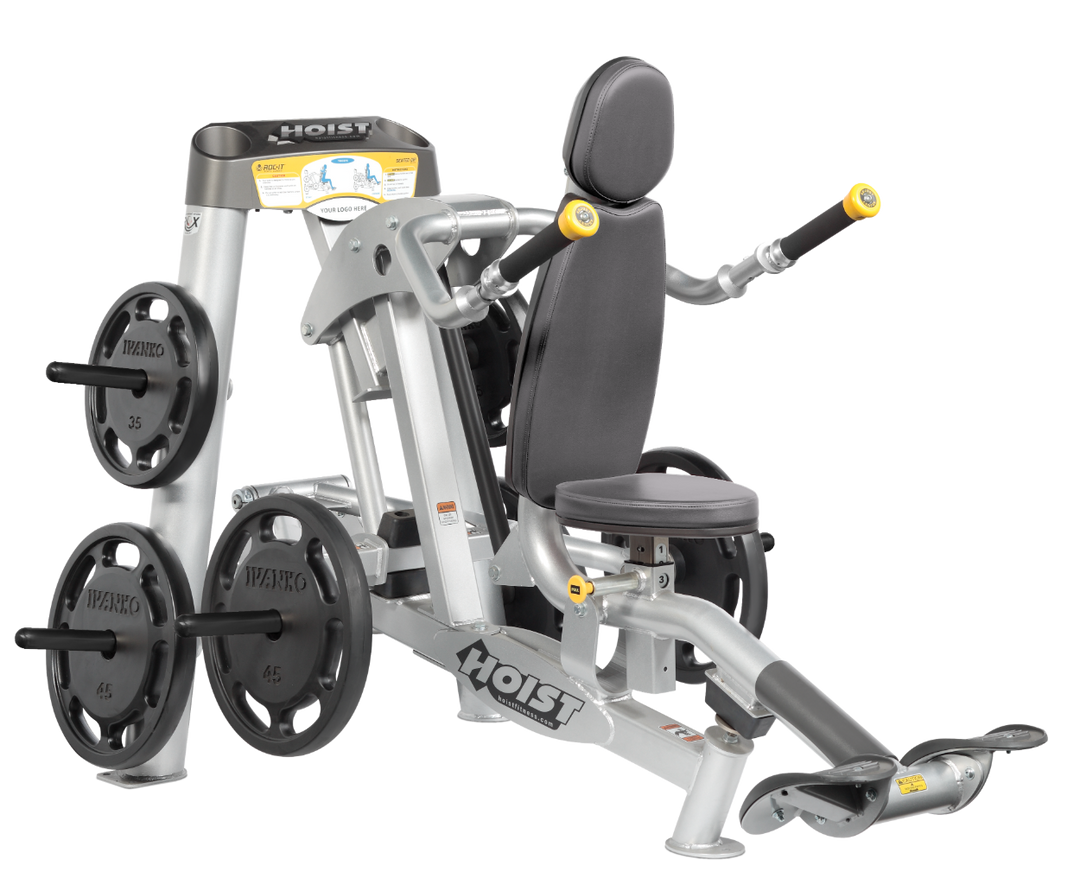 Hoist commercial seated dip machine with plate-loaded resistance, ergonomic seat, and angled handles for triceps training