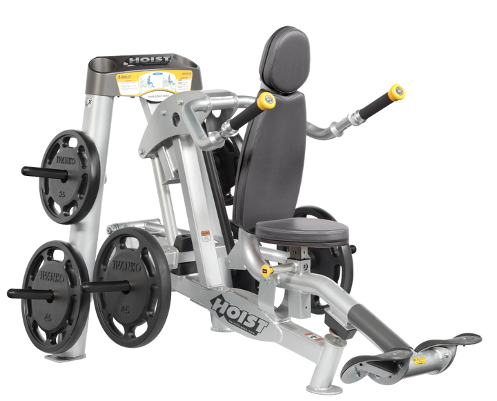 Hoist commercial seated dip machine with plate-loaded resistance, ergonomic seat, and angled handles for triceps training