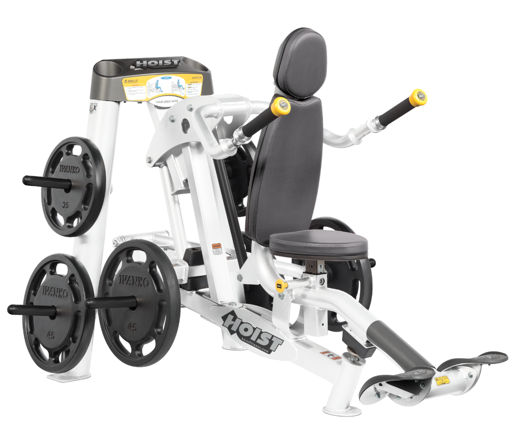 Hoist commercial seated dip machine with plate-loaded resistance, ergonomic seat, and angled handles for triceps training