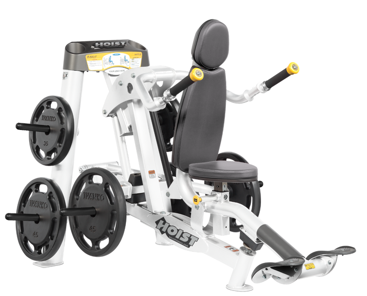 Hoist commercial seated dip machine with plate-loaded resistance, ergonomic seat, and angled handles for triceps training